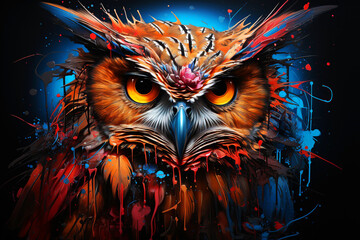 Abstract, multicolored neon portrait of an owl looking forward, in the style of pop art on a black background. - obrazy, fototapety, plakaty
