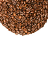 Coffee plate made from roasted coffee beans isolated on white background. Top view