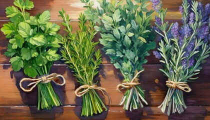 Painting of Bunches of Culinary Herbs on a Wooden Table, Parsley, Sage, Rosemary and Thyme, Vibrant Botanical Illustration - obrazy, fototapety, plakaty
