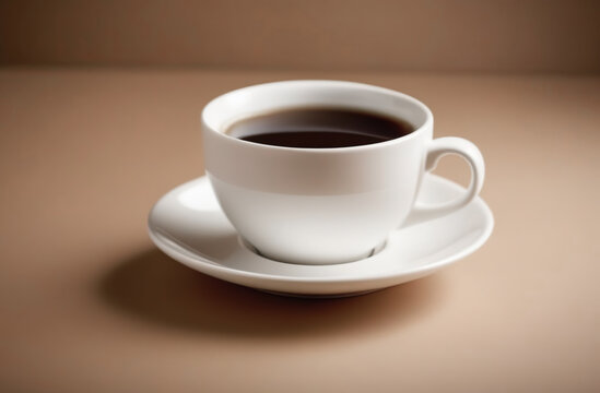 Cup of coffee and saucer. White classic ceramic mug filling a hot black coffee isolated on a beige studio background. Classical tradition cup. Coffee beans on a table. Copy space, front view, banner. 