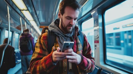 Man taking train paying with phone     - obrazy, fototapety, plakaty