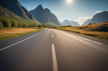 Road with marking in summer day. Empty asphalt texture close up. Panoramic skyline. Highway Valley. Beautiful curved roadway to horizon, blue sky, clouds. Road landscape. Mountain pass at sunset - obrazy, fototapety, plakaty