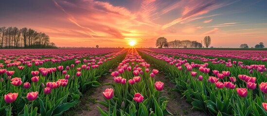 Enchanting scenery with Netherlands tulip field and sunrise. - obrazy, fototapety, plakaty