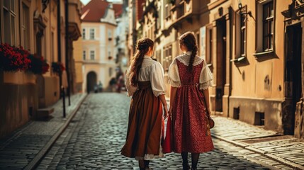 Back view of beautiful girls in traditional Czech clothing in street with historic buildings in the city of Prague, Czech Republic in Europe.