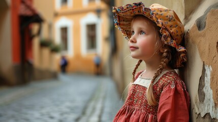 Obraz premium A beautiful little girl in traditional Czech clothing in street with historic buildings in the city of Prague, Czech Republic in Europe.