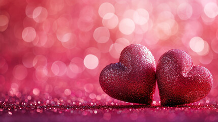 Obraz premium Two sparkling glitter hearts on blurred pink background. Valentine's day. Copy space. Romantic concept. Generative AI.