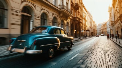 Vintage car in the street of Prague. Czech Republic in Europe.