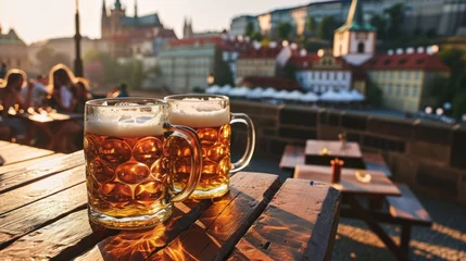 Photo sur Aluminium Prague Beer mug with beer and beautiful historical buildings of Prague city in Czech Republic in Europe.