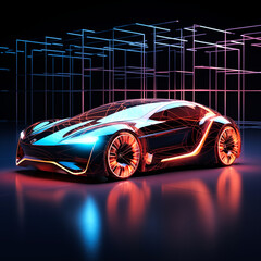 Naklejka premium An AI generative image of 3D projection electric car with neon light