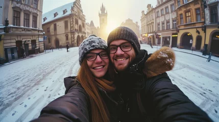 Foto op Aluminium Young couple taking selfie in street with historic buildings in the city of Prague, Czech Republic in Europe. © Joyce