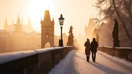 Fotobehang A winter morning and a couple walking on Charles Bridge with snow and historic buildings in the city of Prague, Czech Republic in Europe. © Joyce