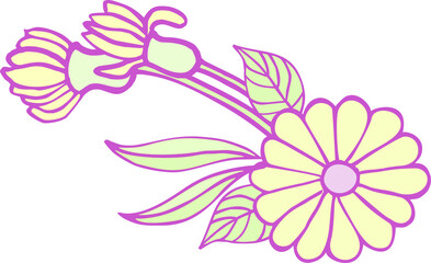 Fototapeta na wymiar A bouquet of cartoon, cute flowers, blades of grass, leaves of bright flowers with a lilac outline. Digital illustration is suitable for scrapbooking, branding, social networks, printing.