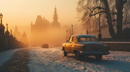 Photo sur Aluminium Voitures anciennes Vintage car in the street of Prague in winter. Czech Republic in Europe.