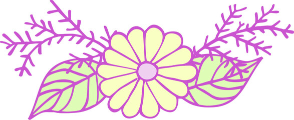 A bouquet of cartoon, cute flowers, blades of grass, leaves of bright flowers with a lilac outline. Digital illustration is suitable for scrapbooking, branding, social networks, printing.