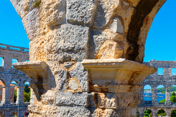Architecture details of Roman amphitheater in Pula, Croatia. Ancient Roman aqueduct in Pula, Croatia