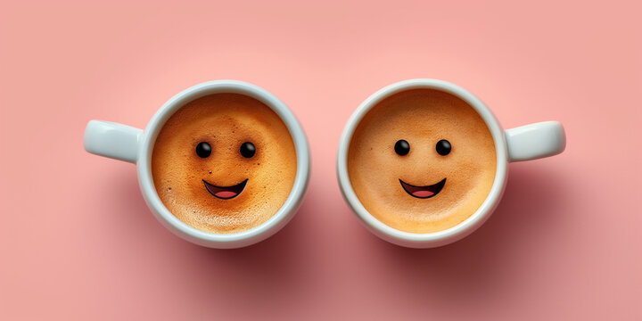 Tasse Cappuccino mit lustige lachenden Gesichter im Milchschaum im Querformat f&uuml;r Banner