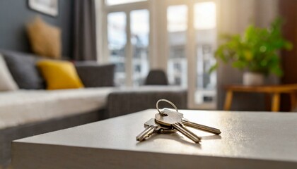 keys on the table in a modern living room with blurry background - Powered by Adobe