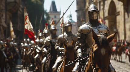 A team of medieval cavalry in armor on horseback marching in Prague city in Czech Republic in Europe.