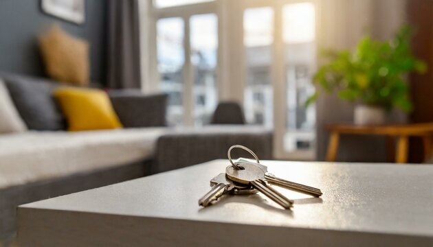 keys on the table in a modern living room with blurry background