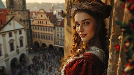 Obraz na płótnie Canvas Portrait of Medieval woman in balcony with rooftop view of Prague city in Czech Republic in Europe.