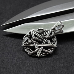 Silver Pentagram and snake pendant. 925 silver. Occult accessory, dark magic. Satan, Baphomet,...