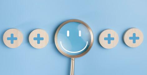Magnifier focus on happy smile relax face and attitude positive thinking . Emotion happiness feed...