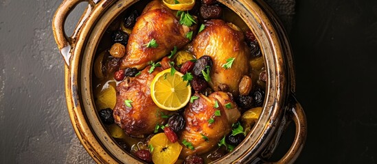 Chicken tajine with dried fruits and spices, from Morocco, seen from above. - obrazy, fototapety, plakaty