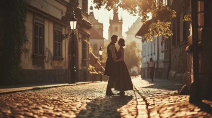 Schilderijen op glas Lifestyle portrait of Medieval young couple showing love at sunrise in Prague city in Czech Republic in Europe. © Joyce