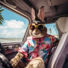 Fototapeten Hase mit Hawaihemd und Sonnenbrille am Steuer eines Wohnmobils in tropischer Umgebung © Stefan Freytag