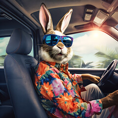 Hase mit Hawaihemd und Sonnenbrille am Steuer eines Wohnmobils in tropischer Umgebung