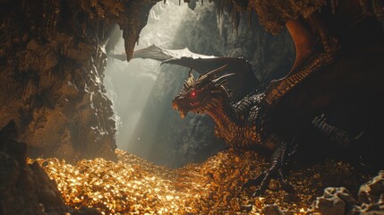 A giant dragon resting in cave full of treasure gold.