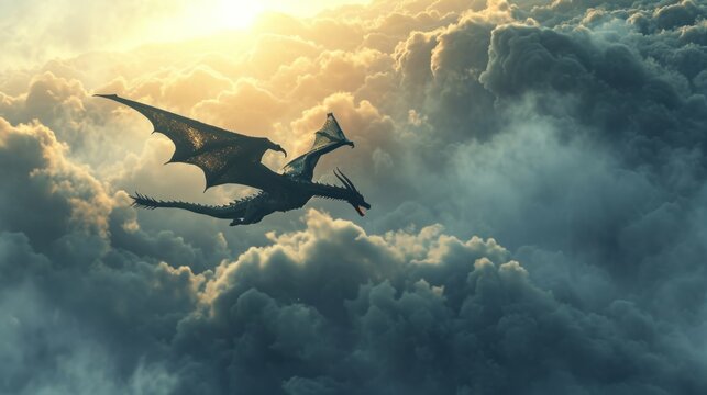 Powerful dragon flying in sky with heavy clouds.