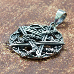 Silver Pentagram and snake pendant. 925 silver. Occult accessory, dark magic. Satan, Baphomet,...
