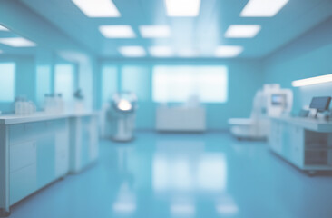 Empty corridor in modern Hospital ICU blurred background. Blur defocused interior of modern clinic. Abstract defocused corridor of medical centre, laboratory, lab. Healthcare and medicine concept.
