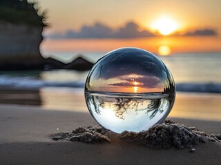 Free photo closeup of a crystal ball on the beach with the surroundings reflecting on it