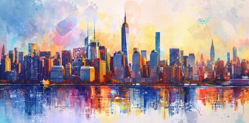 New York City Manhattan skyline at sunset with reflection in water painting style illustration. - obrazy, fototapety, plakaty