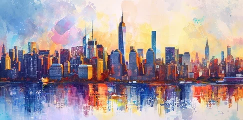 Foto op Canvas New York City Manhattan skyline at sunset with reflection in water painting style illustration. © lublubachka