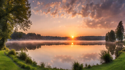 Dawn panorama lake scene, morning serenity, stunning sunrise reflection, calm waterfront, panoramic lakeside tranquility