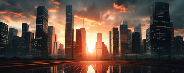 Skyscrapers in futuristic city with sunrise. - obrazy, fototapety, plakaty