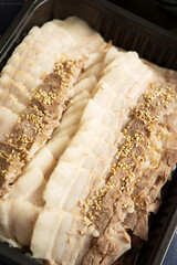 Boiled pork on a plate, Korean food 