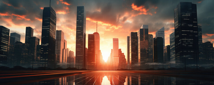 Skyscrapers in futuristic city with sunrise.