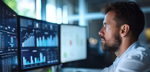 People of financial experts gathered around a computer screen, analyzing a dashboard showing sales and operations data, big data analytics, Corporate strategy, operations, marketing in modern office