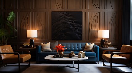 A textured accent wall with wallpaper or wood paneling.