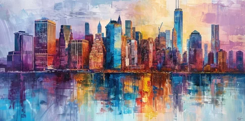 Foto op Plexiglas New York City Manhattan skyline at sunset with reflection in water painting style illustration. © lublubachka