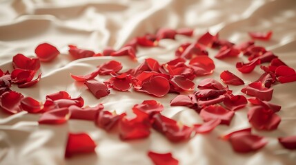 A scattering of rose petals across a satin-sheeted bed, arranged in the shape of a perfect heart1