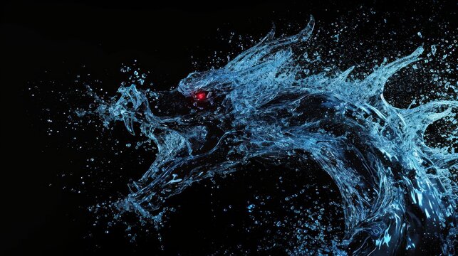 A Chinese dragon made from water splash over black background.