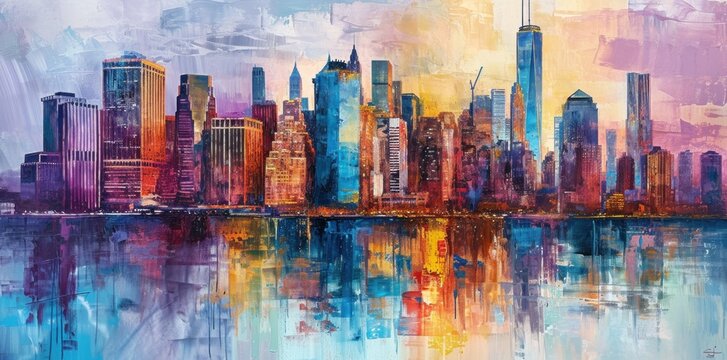 New York City Manhattan skyline at sunset with reflection in water painting style illustration. © lublubachka
