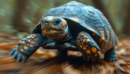 Naklejka premium Fast turtle running. Speed race. The Tortoise. Turtle racing to win . Fast turtle in nature