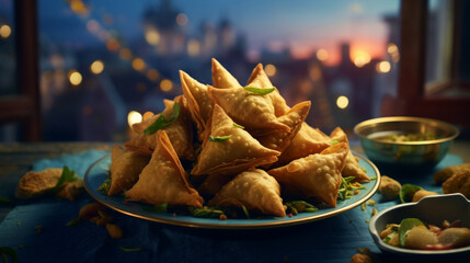 A plate of crispy fried samosas, a popular snack often enjoyed during Ramadhan - obrazy, fototapety, plakaty