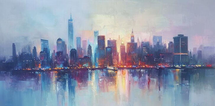 New York City Manhattan skyline at sunset with reflection in water painting style illustration. © lublubachka